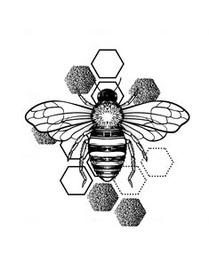 a black and white drawing of a bee with honeycombs on it's back