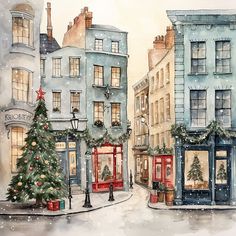 a watercolor painting of a christmas tree in the middle of a street with buildings