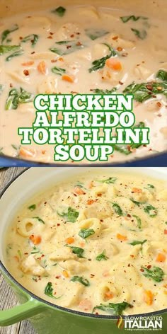 chicken alfredo tortellini soup in a green pot with text overlay that reads chicken alfredo tortellini soup