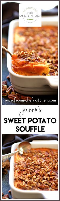 sweet potato soup with pecans in a white casserole dish on a table