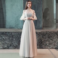 Stylish tulle off shoulder long prom dress, evening dress Formal Long Dress, Off The Shoulder Wedding Dress, Grey Evening Dresses, Shoulder Wedding Dress, Fashion Dresses Formal, Fancy Gowns, Vestidos Vintage, Evening Dresses Elegant, Dress Silhouette