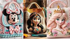 three purses made to look like disney characters, one with a princess's head and