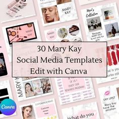 many social media templates are displayed with pink and white colors, including the words mary kay