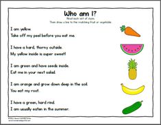 a poem with fruits and vegetables on it that says who am i? in the middle