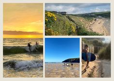 there are four different pictures with people walking on the beach and surfing in the ocean