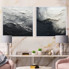 two paintings on the wall in a living room with chairs and a coffee table next to each other