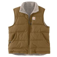 Zip into this women's insulated vest for an extra layer when the temperature drops. Built to last from durable nylon fabric, it blocks wind and sheds light rain. Lightweight insulation and a sherpa fleece lining keep your core warm. It's reversible, so you can wear the sherpa side on the outside when you want to mix it up.Features4.5-ounce, 100% silicone-coated nylonReversible sherpa-lined interior; Polyester insulation for lightweight warmthCarstrong® durable reinforced fabric prevents wear and Blown In Insulation, Carhartt Vest, Work Vest, Boot Barn, Utility Vest, Womens Puffer Vest, Carhartt Womens, Carhartt Women, Quilted Vest