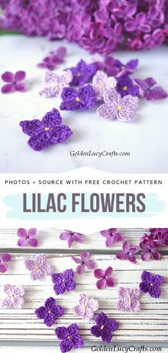 purple crochet flowers with text overlay that says lilac flowers on it