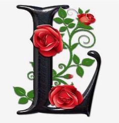 the letter j is decorated with red roses and green leaves on it's side