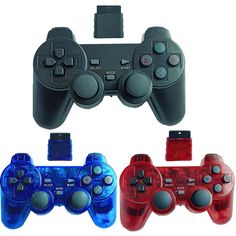 three different colored video game controllers next to each other