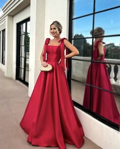 elegant red satin bow straps prom dress, a-line floor length satin gown. Gown With Ribbon On Shoulder, Christmas Gala Dress, Bow Prom Dress, Dark Red Prom Dress, Bow Straps, Gown Party Wear, Red Satin Dress, Dressy Casual Outfits, Dress Graduation