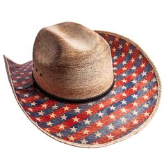 If you love this country, you'll love this Patriot hat! A straw cowboy hat with stars and stripes on the brim with a tasteful black and brown hatband. Also has silver pieces on the hatband Western Style Sun Hat For Rodeo, Country Style Hats With Curved Brim For Western-themed Events, Western Brown Straw Hat, Country Style Hat With Curved Brim For Western-themed Events, Country Style Hat With Curved Brim For Western Events, Country Style Hat With Curved Brim, Country Style Curved Brim Hat, Patriotic Adjustable Hats For Country Events, Western Straw Hat With Curved Brim For Rodeo