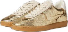 Chic Gold Leather Sneakers, Gold Leather Sneakers With Rubber Sole, Gold Sneakers With Perforations, Chic Sneakers With Leather Sole, Designer Gold Lace-up Sneakers, Gold Leather Sneakers With Laces, Chic Sneakers With Perforated Toe Box, Chic Low-top Sneakers With Perforations, Chic Sneakers With Leather Sole And Round Toe