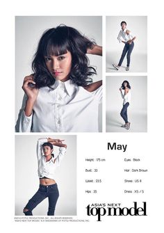 a woman in white shirt and black jeans posing for top model magazine cover page with photos of her