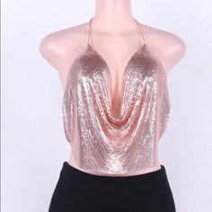 Sexy Backless Sequined Top Rose Gold 7 Color Choices: Gold, Silver, Black, Rose Gold, Pink, White & Orange One Size Fits Most Small-Xl Party V-neck Halter Top With Built-in Bra, V-neck Halter Top With Built-in Bra For Party, Stretch Halter Top With Built-in Bra For Party, Low-cut Crop Top For Party, Chic Low-cut Party Tops, Spring Party Low-cut Crop Top, Party Low-cut Crop Top With Built-in Bra, Elegant Low-cut Crop Top For Party, Chic Low-cut Crop Top For Party