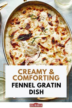 A creamy fennel and potato gratin with a golden, bubbly crust, garnished with fresh rosemary, served in a polished baking dish.