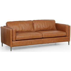 a tan leather couch with wooden legs and arm rests on an isolated white background,