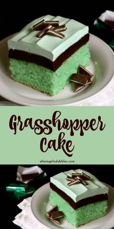 two pieces of grasshopper cake sitting on top of a white plate