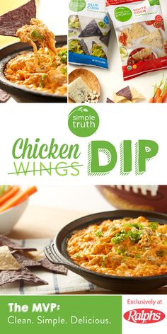 chicken wings dip ad with images of chips and vegetables