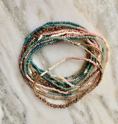 Custom-sized/made PASTEL PERFECT Ivory/pink/aqua/gold wristlace Wrap Bracelet / Necklace With Vintage Glass Beads - Etsy Bohemian Beaded Pastel Jewelry, Bohemian Single Strand Gold Beaded Bracelet, Bohemian Pastel Jewelry For Jewelry Making, Pastel Bohemian Jewelry For Jewelry Making, Pink Multi-strand Hand-strung Jewelry, Hand-strung Multi-strand Pink Jewelry, Bohemian Bracelets With Single Strand Round Beads, Bohemian Single Strand Bracelets With Round Beads, Earth Tone Jewelry