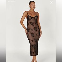 Brand New With Tag Chic Black Midi Dress With Floral Embroidery, Black Midi Dress With Floral Embroidery, Black Lace Midi Dress With Sheer Details, Elegant Black Midi Dress With Floral Embroidery, Black Sheer Dress For Dinner, Black Sheer Dinner Dress, Black Floral Embroidered Dress For Date Night, Black Floral Embroidery Dress For Date Night, Brown Silk Dress