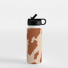 a brown and white camo print water bottle with a black lid on a white background