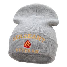 a grey beanie with an orange and yellow logo on the front, it says air grant