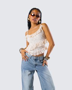 Ruffling feathers has never been easier 😜 With a chic and classy vibe, this top made from lace & mesh fabric is complete with a fit & flare style and adjustable straps for a look that gives the perfect amount of flirty energy 🤍 Black Off Shoulder, Graphic Top, White Jersey, Ruffle Top, Pocket Pants, White Mini Dress, Mesh Fabric, Fit & Flare, Off Shoulder