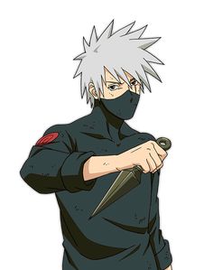 an anime character with white hair holding a knife and wearing a black mask on his face