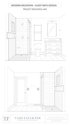 the bathroom design is shown in three different sections, including shower and toilet area with built - in sink