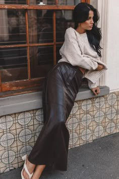 Jade Vegan Leather Column Skirt - Black - Petal & Pup USA Brown Leather Skirt Outfit, Maxi Leather Skirt, Going Outfit, Winter Goddess, Style Midi Skirt, Long Leather Skirt, Brown Leather Skirt, Leather Skirt Outfit, Midi Skirt Outfit