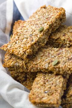 granola bars stacked on top of each other in a basket