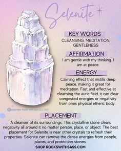 AFFIRMATION: I am gentle with my thinking. I am at peace. ENERGY: Known for its cleansing abilities, Selenite is the guidance for a busy mind. Its calming effects instill deep peace, making it great for mediation. It's fast and effective at cleansing the auric field, it can clean congested energies or negativity from ones physical etheric body. CHAKRAS: Third Eye, Crown ZODIAC: Taurus, Cancer Selenite Palm Stone, Selenite Tower Meaning, Selenite Wand Uses, Moissanite Crystal Meaning, Best Crystals For Meditation, Alabaster Stone Meaning, Selenite Crystal How To Use, Geode Meaning, Healing Stones And Crystals Meanings