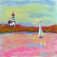 a painting of a sailboat in front of a lighthouse