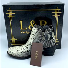 L&B Black & White Snake Bootie Zipper On Both Sides. 2.5” Heel New In Box White Snake, Both Sides, Bootie, Bootie Boots, Ankle Boots, Black White, Size 6, Women Shoes, Zipper