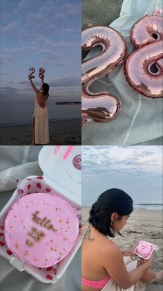 a collage of photos with balloons, cake and woman on the beach