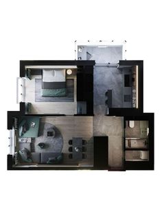 an overhead view of a two bedroom apartment with kitchen and living room area in the middle