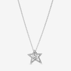 Create starry style with the Pavé Asymmetric Star Collier Necklace. Hand-finished in sterling silver and featuring sparkling clear cubic zirconia, this is a subtle design and delicate form with unique detailing. The necklace features an asymmetric sparkling star pendant with a spinning mini star in the center and a stone set in the center. Inspired by the glittering stars, this celestial-themed necklace is perfect for anyone who wants to add the magic of the night sky to their look. - Pandora Pavé Asymmetric Star Collier Necklace - Sterling silver / Cubic Zirconia / Clear - Sz. 17.7 in Pandora Star, Pandora Pave, Pandora Necklace, Star Necklace Silver, Great Gifts For Women, Star Girl, Metal Necklaces