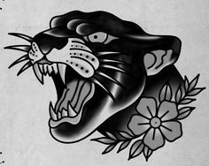 a black and white drawing of a tiger's head with flowers on it,