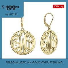 Elegant script lettering on these monogram earrings gives your style an extra personal touch. Initials will appear exactly as entered. Must be three letters, center initial will be enlarged.Back: LeverbackPersonalize: Initials will appear exactly as entered. Must be three letters, center initial will be enlarged.Features: Monogrammable, PersonalizedShape: RoundMetal Color: YellowEarring Length: 25mmEarring Width: 25mmCare: Wipe CleanEarrings Style: Drop EarringsMetal: 14k Gold Over SilverAssemb… Monogram Earrings, Silver Monogram, Script Lettering, Earrings Drop, Earrings Color, Personal Touch, Initials, Monogram, Drop Earrings