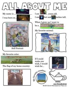 an all about me poster with pictures and words on it's front page,