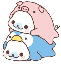 two stuffed animals sitting next to each other on top of a white surface with pink and blue colors