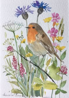 a watercolor painting of a bird sitting on a branch surrounded by wildflowers