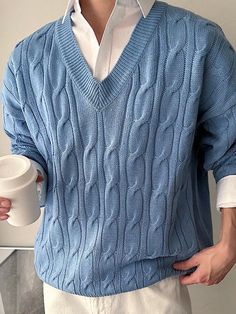 Men's Solid Color Cable Knit Sweater, Autumn Blue Casual  Three Quarter Length Sleeve Tweed Plain Pullovers Slight Stretch Fall Men Clothing, size features are:Bust: ,Length: ,Sleeve Length: