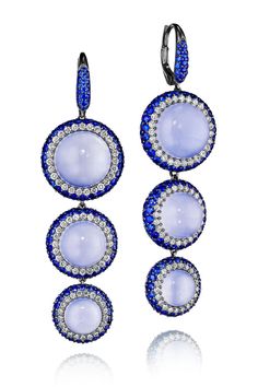 Luxury Blue Round Cabochons, Luxury Multi-stone Earrings, Luxury Blue Cabochons For Anniversary, Elegant Multi-stone Round Earrings, Evening Multi-stone Round Earrings, Luxury Diamond Cabochon Earrings, White Gold Earrings With Jewels, Luxury Diamond Earrings With Cabochon, Luxury Cabochon Earrings For Evening