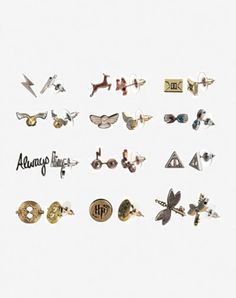 a group of different types of earrings on a white background with the word always written in cursive writing