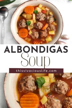 a bowl of soup with meatballs, carrots and potatoes