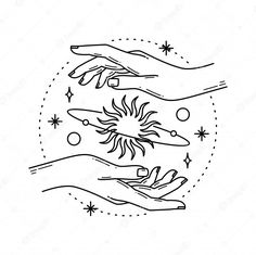 two hands reaching for each other with the sun and stars in the sky above them