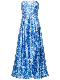 Blue A-line Dress With Lined Bodice, Floral Print A-line Midi Dress For Gala, Floral Print Fitted Bodice Midi Dress For Prom, Blue Silk Maxi Dress With Pleated Bodice, Floral Print Strapless Dress For Prom, Blue Maxi Dress With Lined Bodice, A-line Floral Print Dresses For Gala, Floral Print A-line Maxi Dress For Prom, Floral Print Satin Maxi Dress For Prom