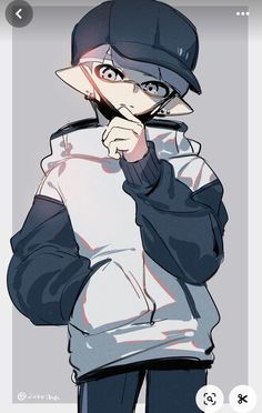 an anime character wearing a baseball cap and hoodie looking at his cell phone screen